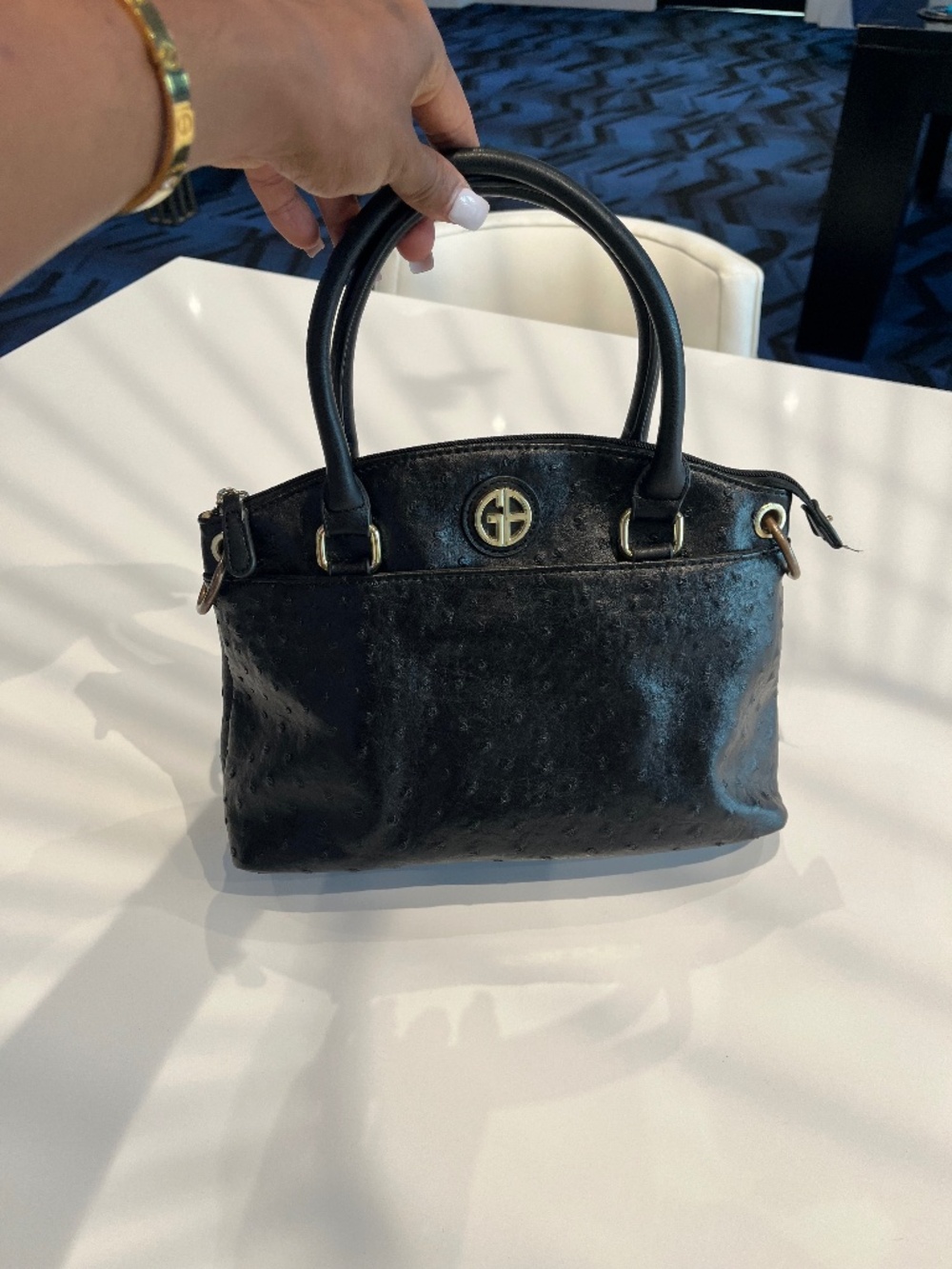 Ostrich embossed Black Top Handle Bag GHW